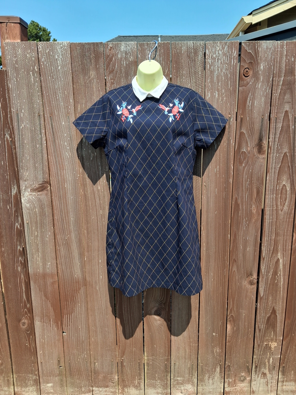 Navy Plaid Embroidered Collar Dress